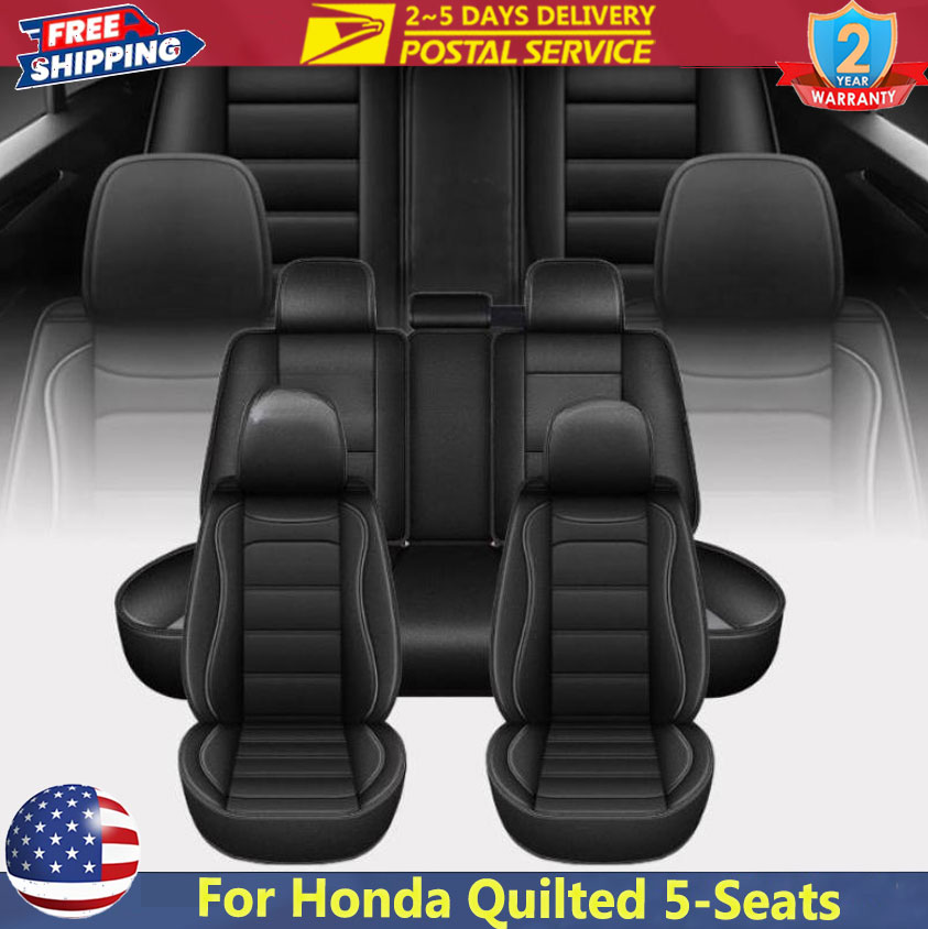Leather Car Seat Covers Full Set Universal - ปลอกหุ้มเบาะรถยนต์สีดำแบบสากล 5 ที่นั่ง สำหรับ Honda ปลอกหุ้มเบาะหนังแบบเย็บลาย