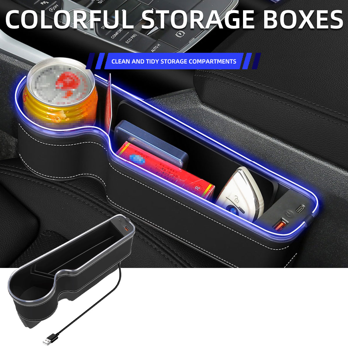 Seat Gap Filler Organizer With Usb Charger - ที่วางแก้วพร้อมช่องชาร์จ USB และไฟ LED เปลี่ยนสีได้ สำหรับช่องว่างเบาะรถยนต์