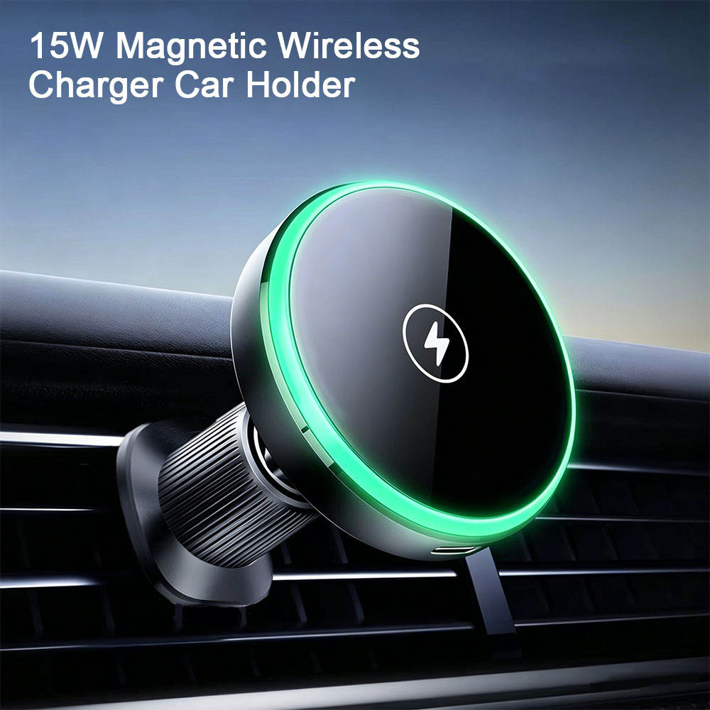 Magnetic Phone Holder For Car Vent - ที่ชาร์จไร้สายแบบแม่เหล็กสำหรับรถยนต์พร้อมไฟ LED ติดช่องระบายอากาศ ใช้งานได้กับโทรศัพท์ที่รองรับ Qi ทุกรุ่น
