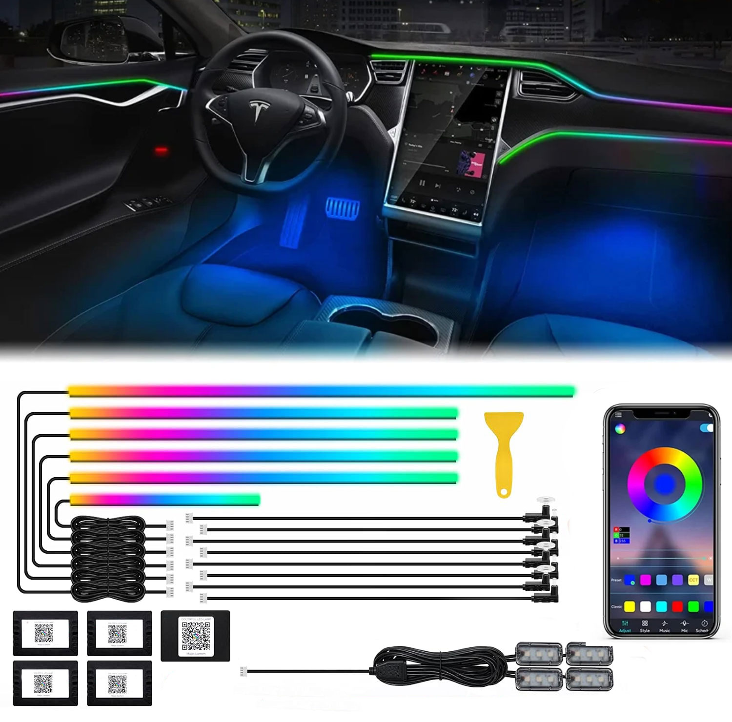 Led Ambient Interior Car Lights App Control - หลอดไฟนีออน18in1ภายในรถภายในสร้างบรรยากาศแอปไฟอะคริลิคควบคุมแบบทำมือโคมไฟไฟเบอร์ออปติก RGB สำหรับตกแต่งรถยนต์โคมไฟสร้างบรรยากาศ