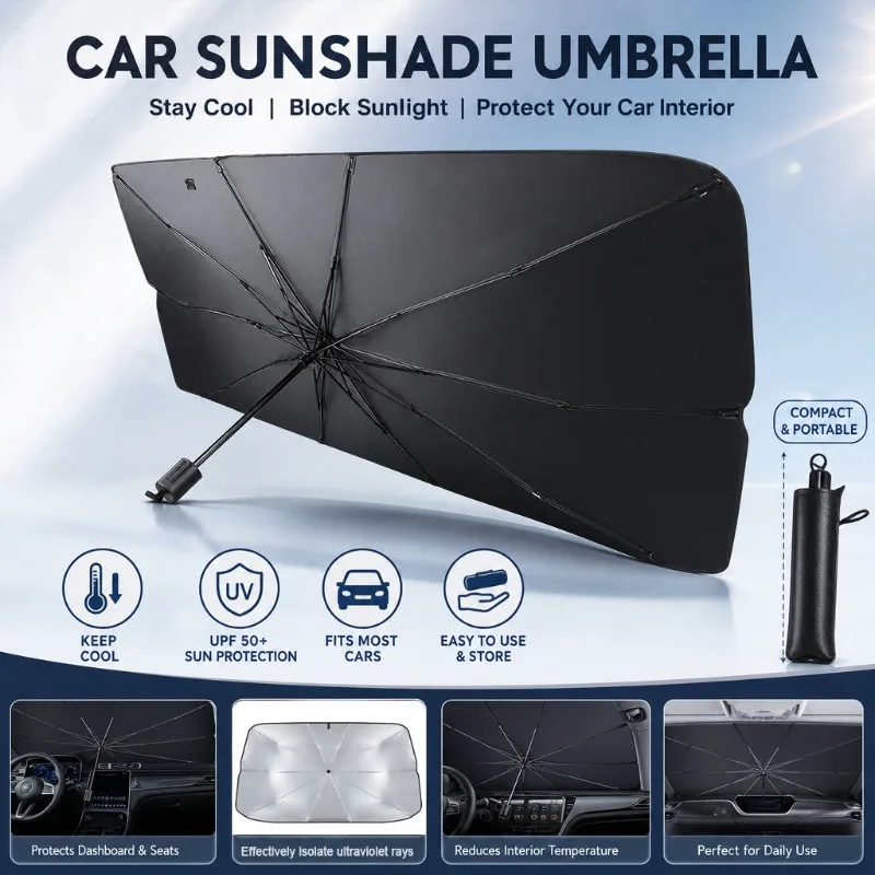 Car Sunshade Windshield Umbrella Foldable - ร่มบังแดดกระจกรถยนต์แบบพับได้ ป้องกันรังสียูวี ป้องกันความร้อน สำหรับกระจกหน้ารถ SUV และรถเก๋ง