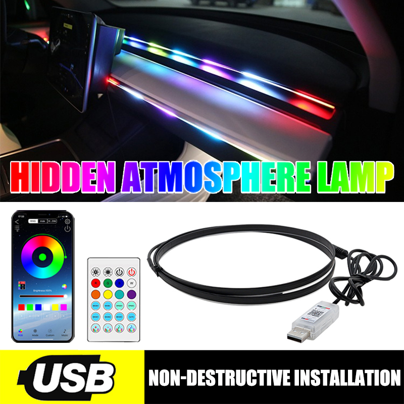 Led Ambient Interior Car Lights App Control - ไฟ LED สร้างบรรยากาศ64สีแถบอะคริลิค110ซม. สีเต็มรูปแบบ RGB โคมไฟรีโมทแอปควบคุมบรรยากาศภายในรถ