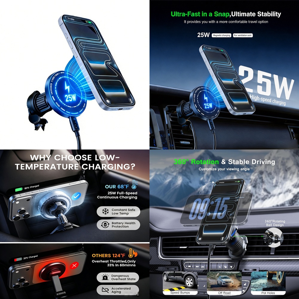 ที่ชาร์จไร้สายแม่เหล็กแรงสูง 2 - Magnetic Phone Holder For Car Vent บทวิจารณ์และราคา